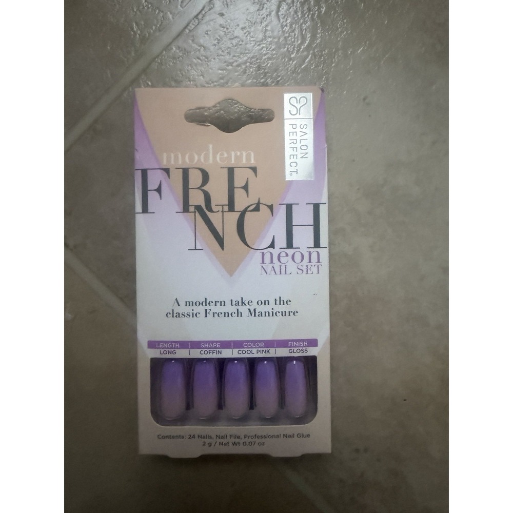 Salon Perfect Modern French Nail Set Neon Coffin Shape Long "Cool Pink"/Lavender